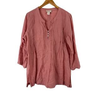 Cynthia Rowley Linen Tunic Top Womens Large Salmon Pink Lagenlook Roll Tab